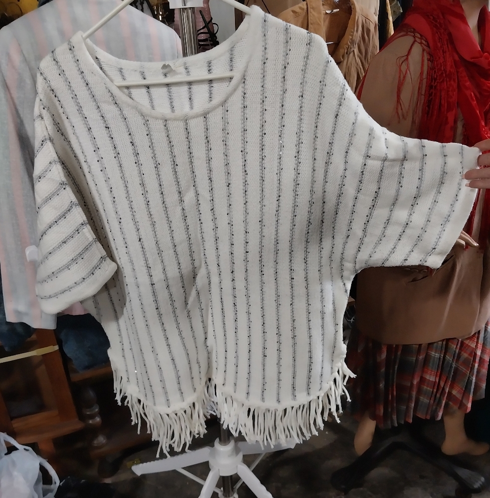 Striped Fringe Sweater - White and Gray